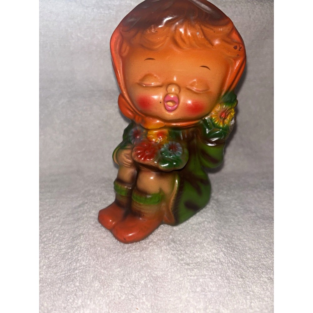 Vintage 1970s Figural Candle Girl in Orange Hood Holding Flowers Unused Unmarked